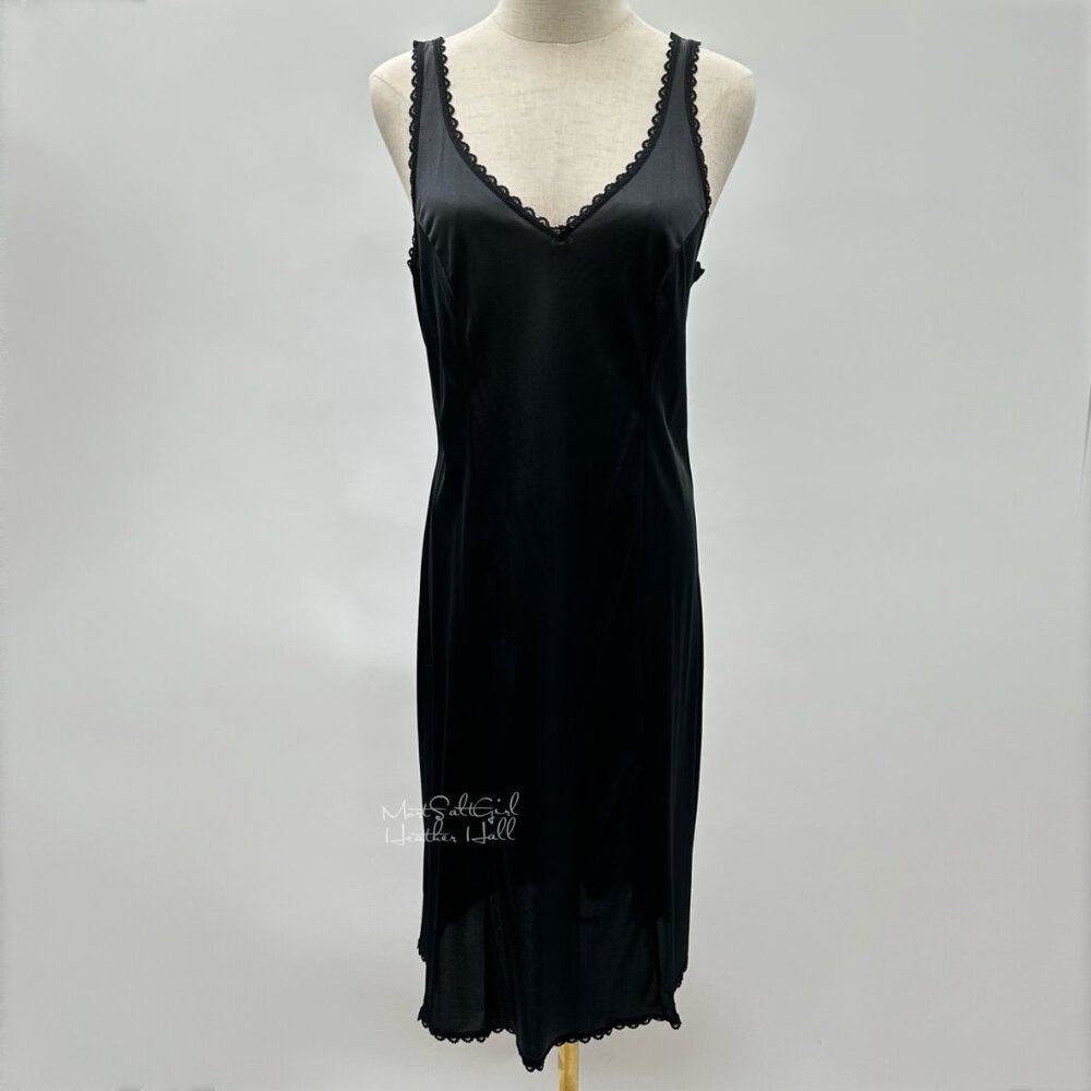 Vintage Adonna Black Nylon Slip with Scalloped Lace Trim Size 36